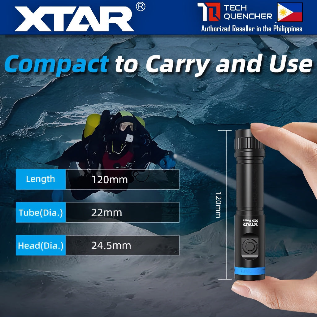 XTAR D20 Press Compact Diving Flashlight - 1200 Lumens - 140m- Rechargeable 18650 Battery -MiniSuper