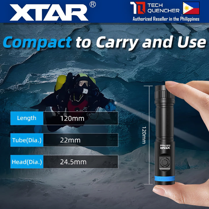 XTAR D20 Press Compact Diving Flashlight - 1200 Lumens - 140m- Rechargeable 18650 Battery -MiniSuper