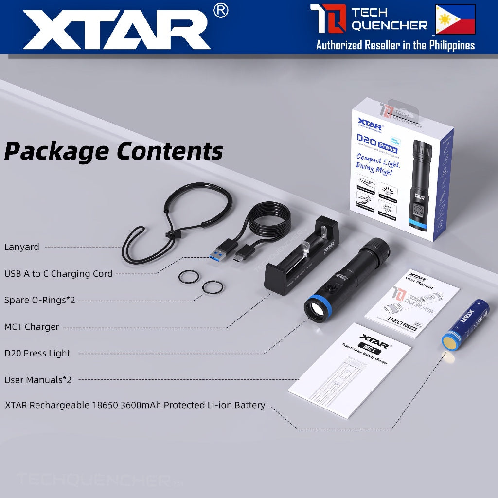XTAR D20 Press Compact Diving Flashlight - 1200 Lumens - 140m- Rechargeable 18650 Battery -MiniSuper