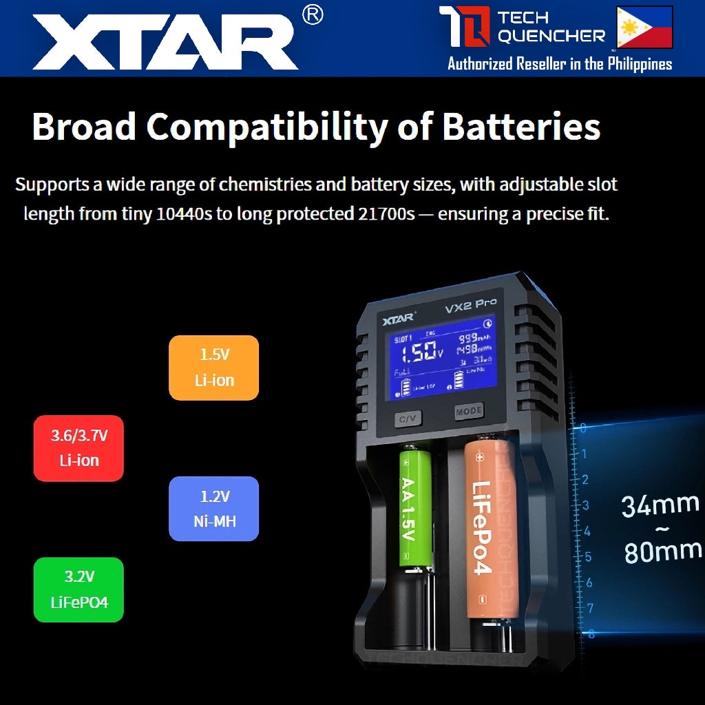 XTAR VX2 Pro Battery Charger - Capacity Test - Refresh Mode - Storage Mode - USB-C - LiFePO4 -Li-ion