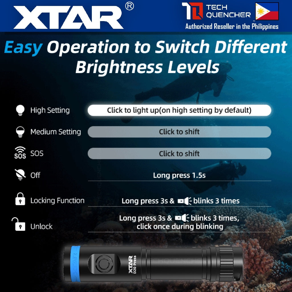 XTAR D20 Press Compact Diving Flashlight - 1200 Lumens - 140m- Rechargeable 18650 Battery -MiniSuper