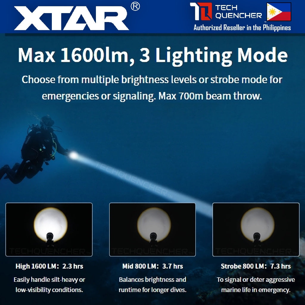 XTAR D40 Zoom Diving Flashlight - Adjustable Beam - 1600 Lumens - 700m- USB-C Charging 21700 Battery