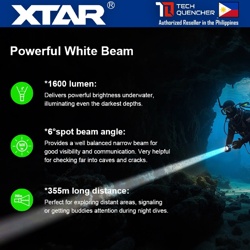 XTAR DL2 Diving Flashlight with Pointer Green Laser - 1600 Lumens - 355m- Rechargeable 21700 Battery