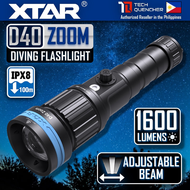 XTAR D40 Zoom Diving Flashlight - Adjustable Beam - 1600 Lumens - 700m- USB-C Charging 21700 Battery
