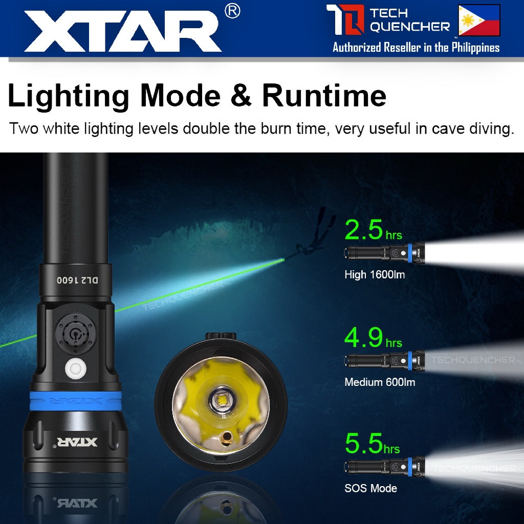 XTAR DL2 Diving Flashlight with Pointer Green Laser - 1600 Lumens - 355m- Rechargeable 21700 Battery