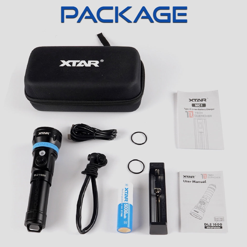 XTAR DL2 Diving Flashlight with Pointer Green Laser - 1600 Lumens - 355m- Rechargeable 21700 Battery