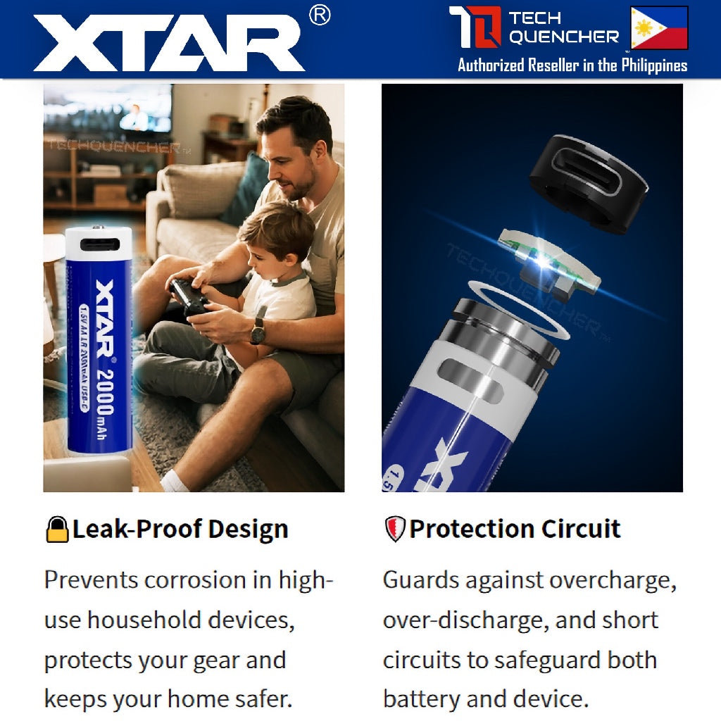 XTAR AA LR 1.5V 2000mAh USB-C Reachargeable Lithium Battery - 2.5H Fast Charging - Light Indicators