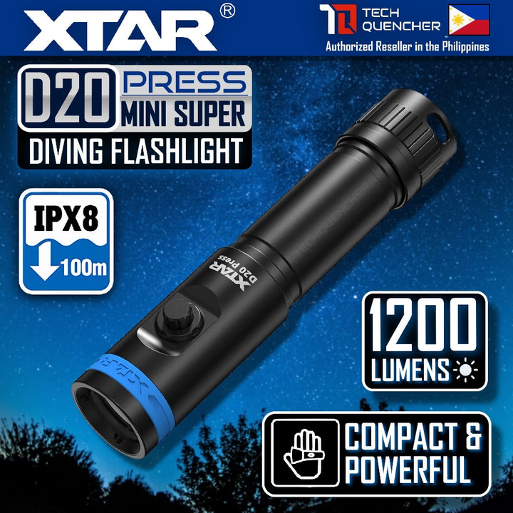 XTAR D20 Press Compact Diving Flashlight - 1200 Lumens - 140m- Rechargeable 18650 Battery -MiniSuper