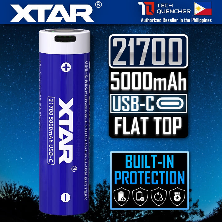 XTAR 21700 5000mAh Protected USB-C Battery - FLAT TOP - 3.6V Rechargeable Lithium-Ion Battery - 10A