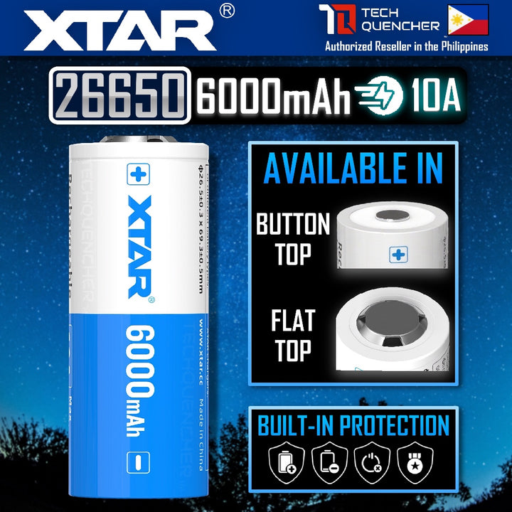 XTAR 26650 6000mAh Protected Battery - 3.6V Rechargeable - Lithium-Ion -10A - Button Top or Flat Top