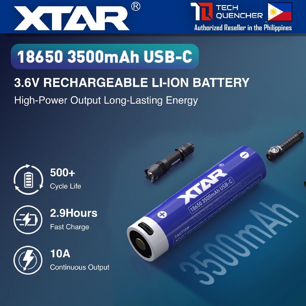 XTAR 18650 3500mAh Protected USB-C Battery - 3.6V - USB-C Rechargeable Lithium-Ion Battery - 10A