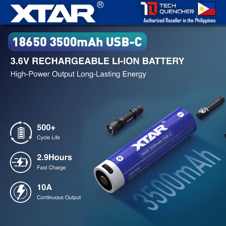 XTAR 18650 3500mAh Protected USB-C Battery - 3.6V - USB-C Rechargeable Lithium-Ion Battery - 10A