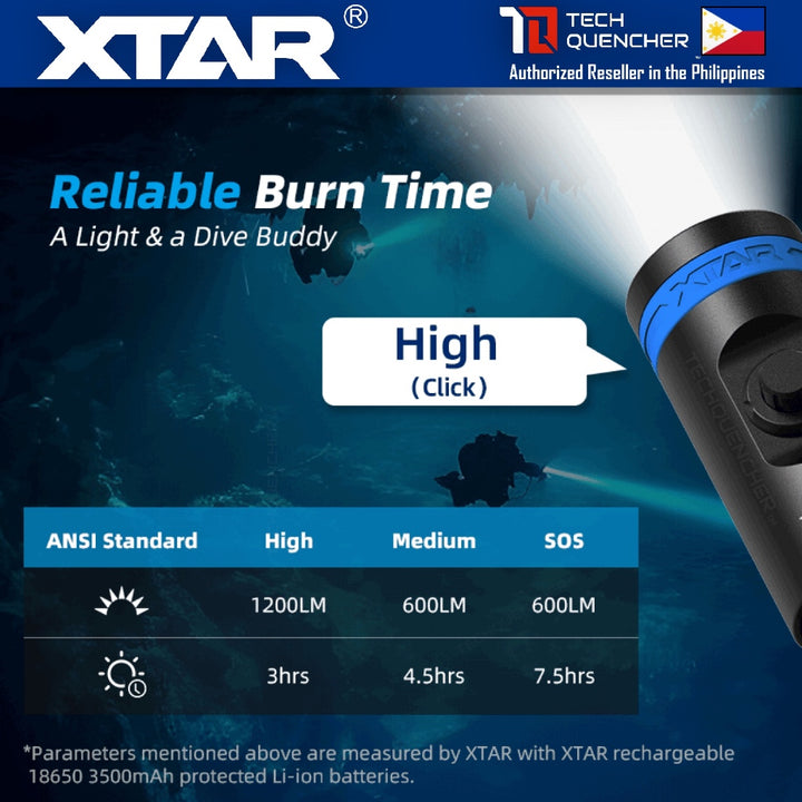 XTAR D20 Press Compact Diving Flashlight - 1200 Lumens - 140m- Rechargeable 18650 Battery -MiniSuper