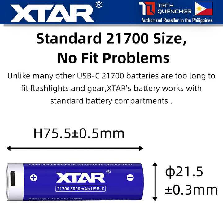 XTAR 21700 5000mAh Protected USB-C Battery - FLAT TOP - 3.6V Rechargeable Lithium-Ion Battery - 10A