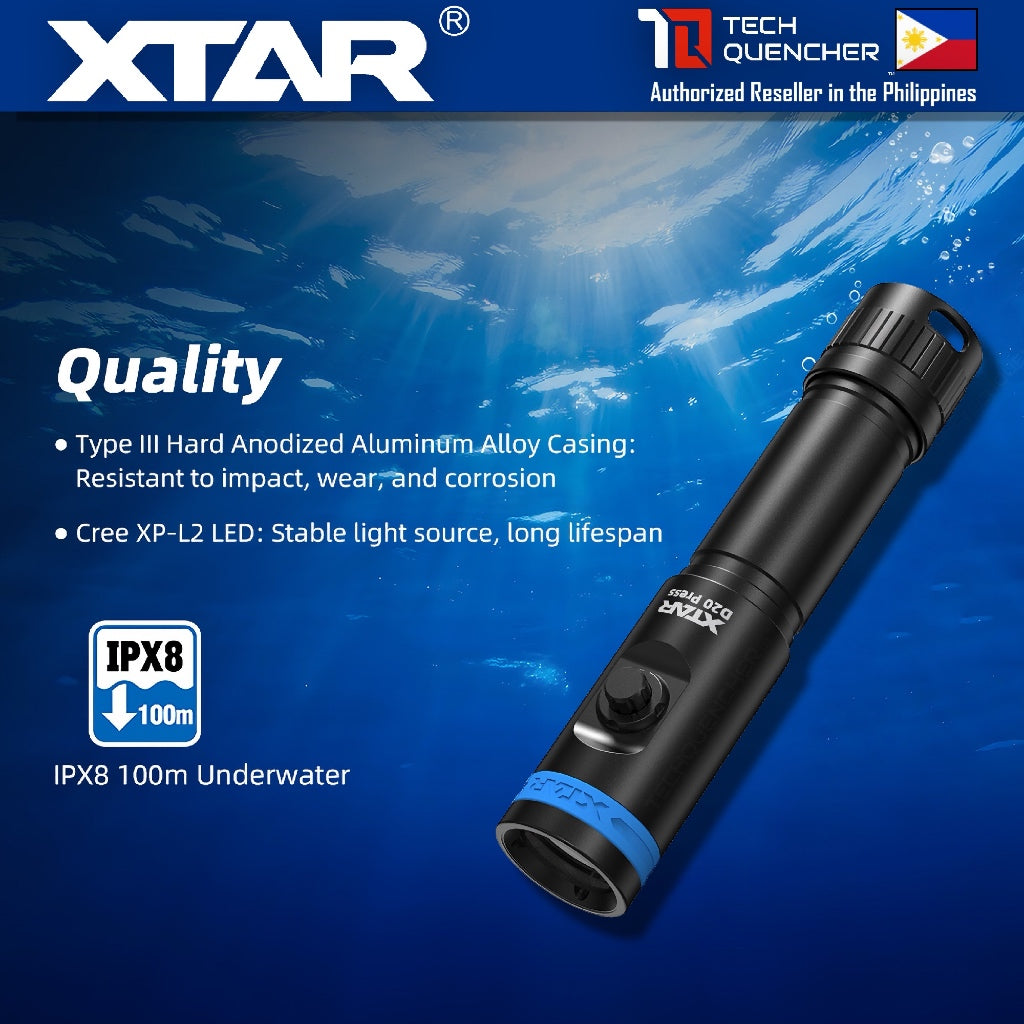 XTAR D20 Press Compact Diving Flashlight - 1200 Lumens - 140m- Rechargeable 18650 Battery -MiniSuper