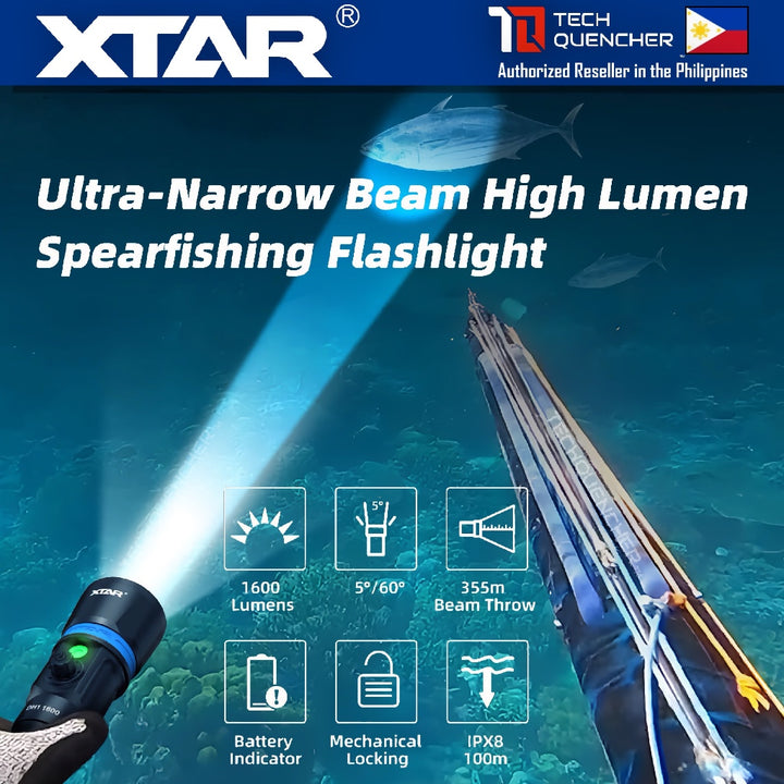 XTAR DH1 Hunter Diving Flashlight - 1600 Lumens - 355m - Rechargeable 21700 Battery - Spearfishing