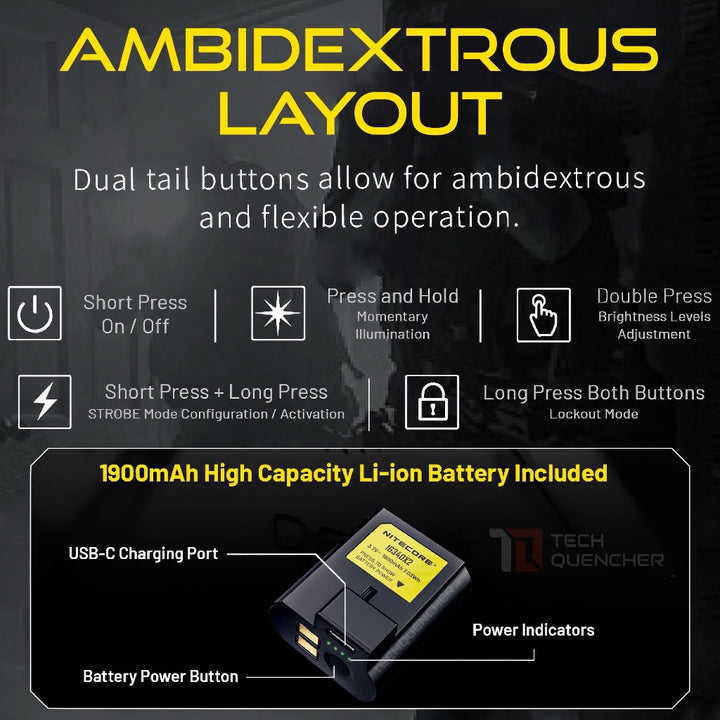 Nitecore NPL35 Flashlight - 2000 Lumens - 412m - 1900mAh Battery- USB-C Charging - Strobe - 129g