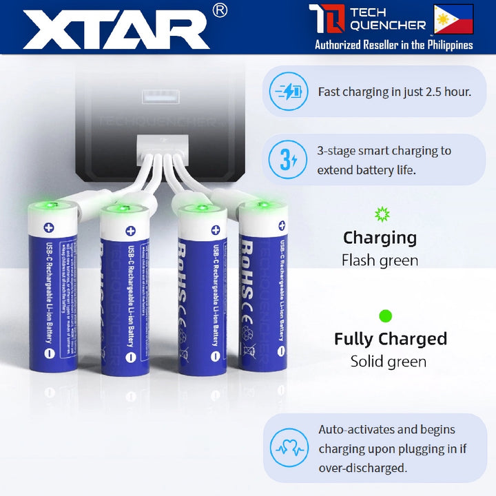 XTAR AA LR 1.5V 2000mAh USB-C Rechargeable Lithium Battery - 2.5H Fast Charging - Light Indicators