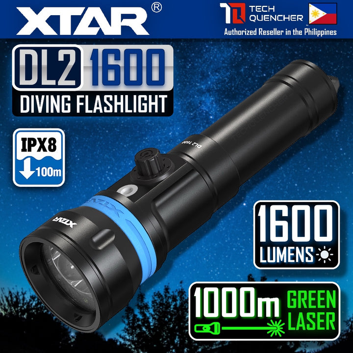 XTAR DL2 Diving Flashlight with Pointer Green Laser - 1600 Lumens - 355m- Rechargeable 21700 Battery