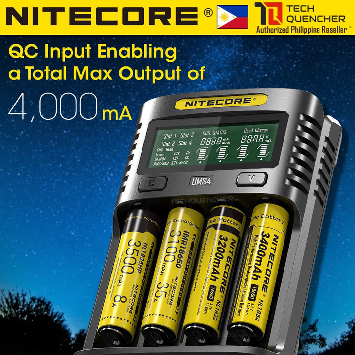 Nitecore UMS4 V2 USB-C Battery Charger - LCD Display - 4 Slot - Intelligent - 4A Max Output - QC