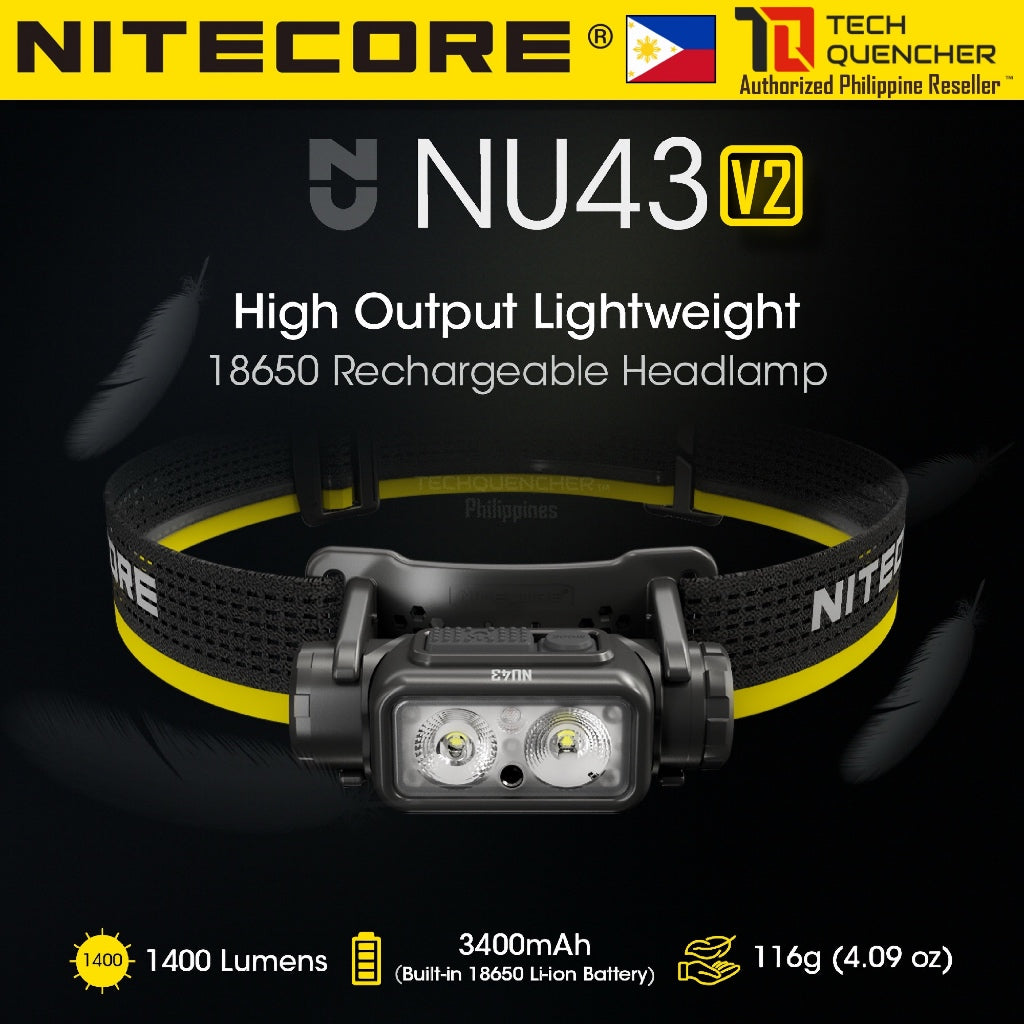 Nitecore NU43 Headlamp 1400 Lumens -  USB-C Rechargeable 3400mAh Battery - Redlight + Floodlight