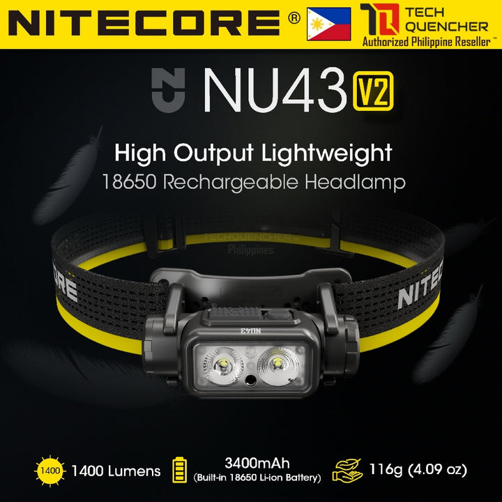 Nitecore NU43 Headlamp 1400 Lumens -  USB-C Rechargeable 3400mAh Battery - Redlight + Floodlight
