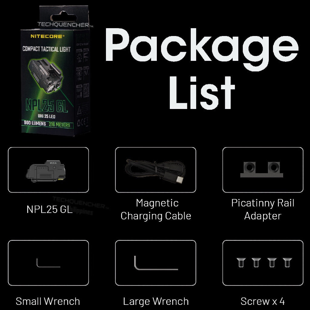 Nitecore NPL25 GL Flashlight + Green Laser - 900 Lumens - 500mAh Rechargeable Battery - 74 grams