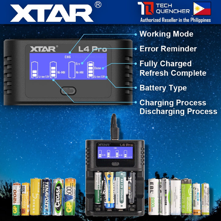 XTAR L4 Pro Battery Charger - USB-C - AA  AAA - 1.5v Li-ion - 1.2v Ni-MH - Refresh + Dishcharge Mode