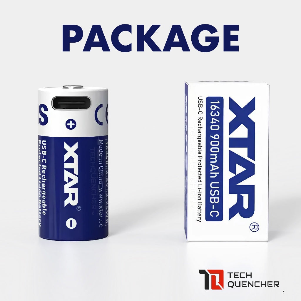 XTAR 16340 900mAh Protected Battery - USB-C Rechargeable 3.6v Lithium Battery -2.7A Max Discharge