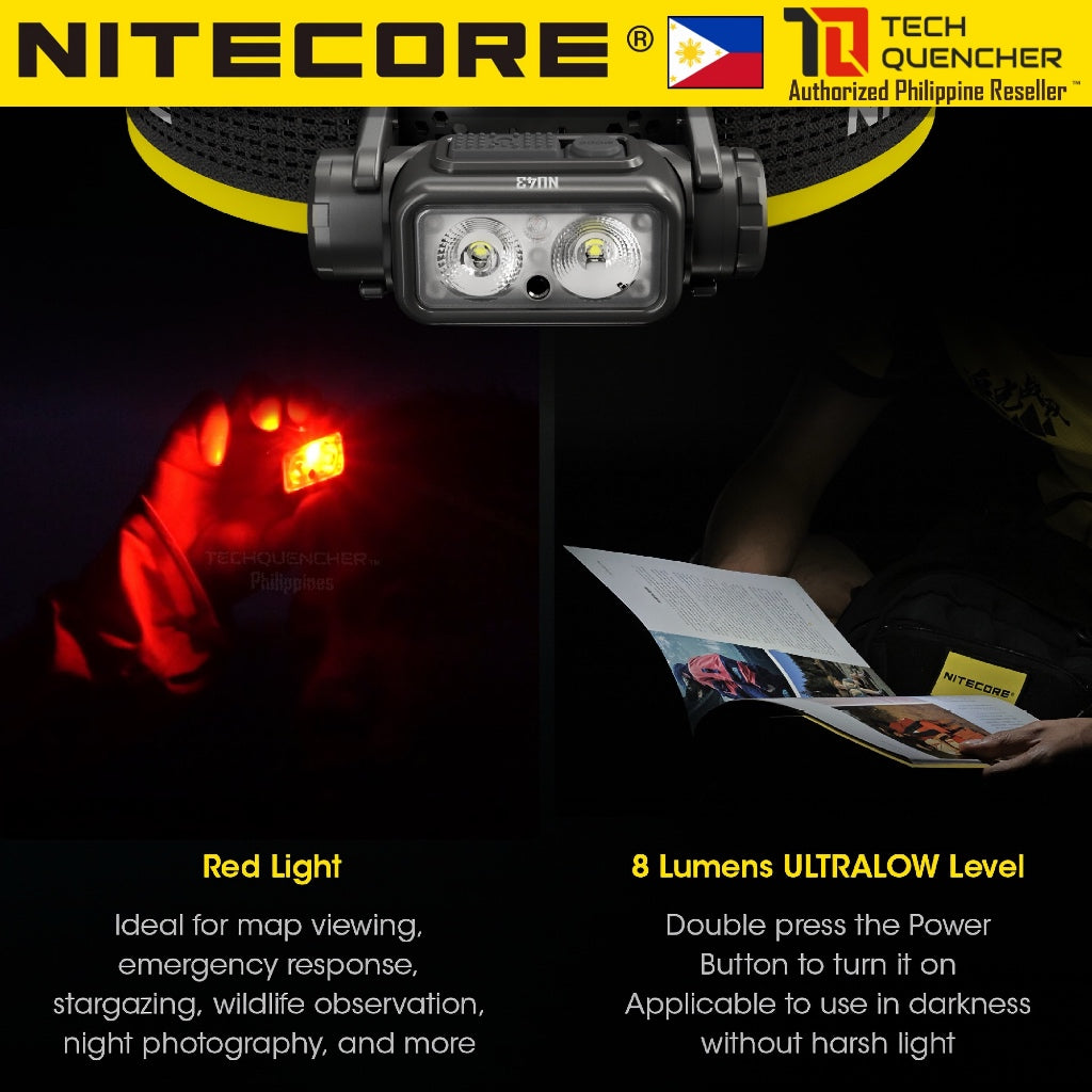 Nitecore NU43 Headlamp 1400 Lumens -  USB-C Rechargeable 3400mAh Battery - Redlight + Floodlight