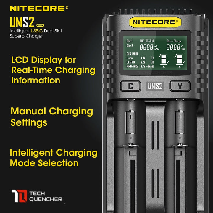 Nitecore UMS2 V2 USB-C Battery Charger - LCD Display - 2 Slot - Intelligent - 4000mA Max - QC