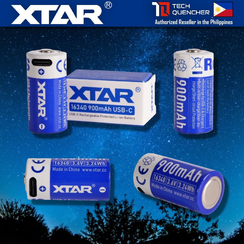XTAR 16340 900mAh Protected Battery - USB-C Rechargeable 3.6v Lithium Battery -2.7A Max Discharge