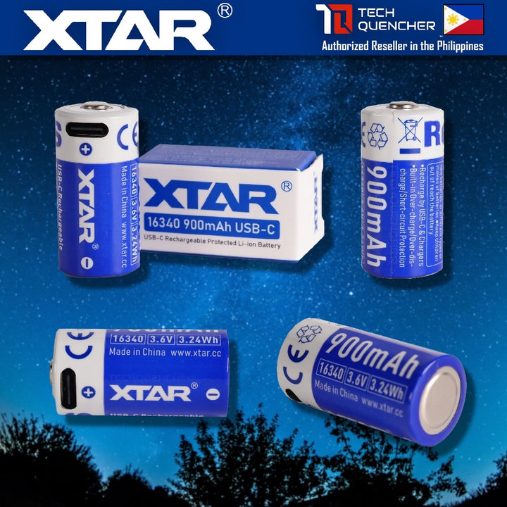 XTAR 16340 900mAh Protected Battery - USB-C Rechargeable 3.6v Lithium Battery -2.7A Max Discharge