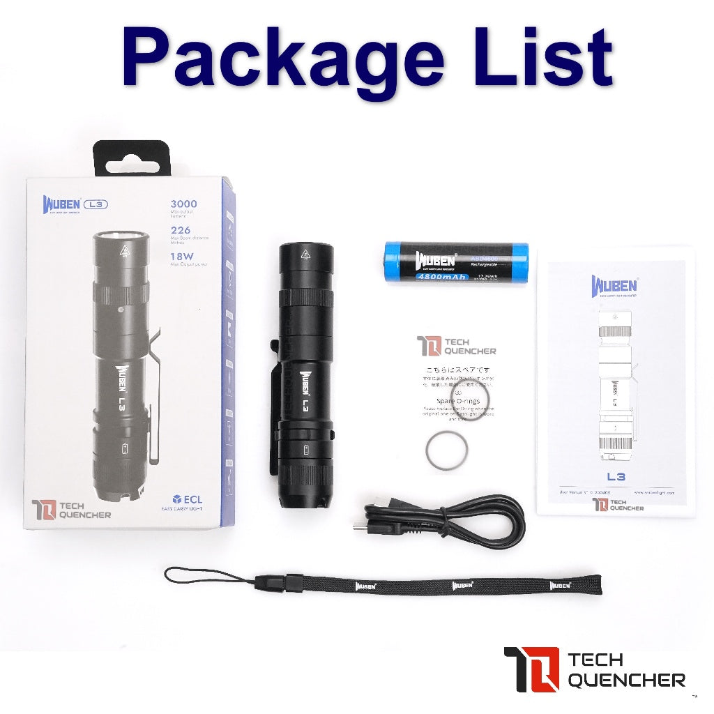 Wuben L3 Flashlight - 3000 Lumens - Powerbank Mode - USB-C Fast Charging 18W - 4800mAh Battery -IP68