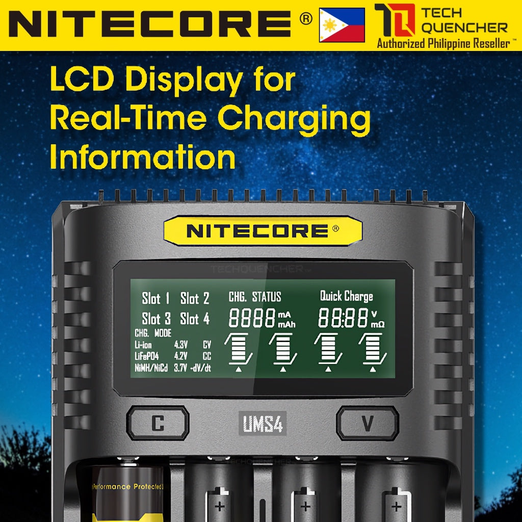 Nitecore UMS4 V2 USB-C Battery Charger - LCD Display - 4 Slot - Intelligent - 4A Max Output - QC