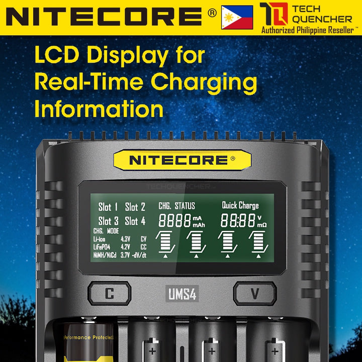 Nitecore UMS4 V2 USB-C Battery Charger - LCD Display - 4 Slot - Intelligent - 4A Max Output - QC