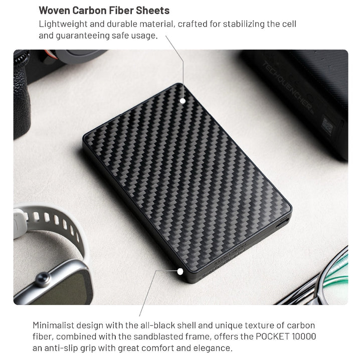 Nitecore Pocket 10000 - 10000mAh Powerbank + Built-In USB-C Cable - Carbon Fiber - 22.5w Max - IP65