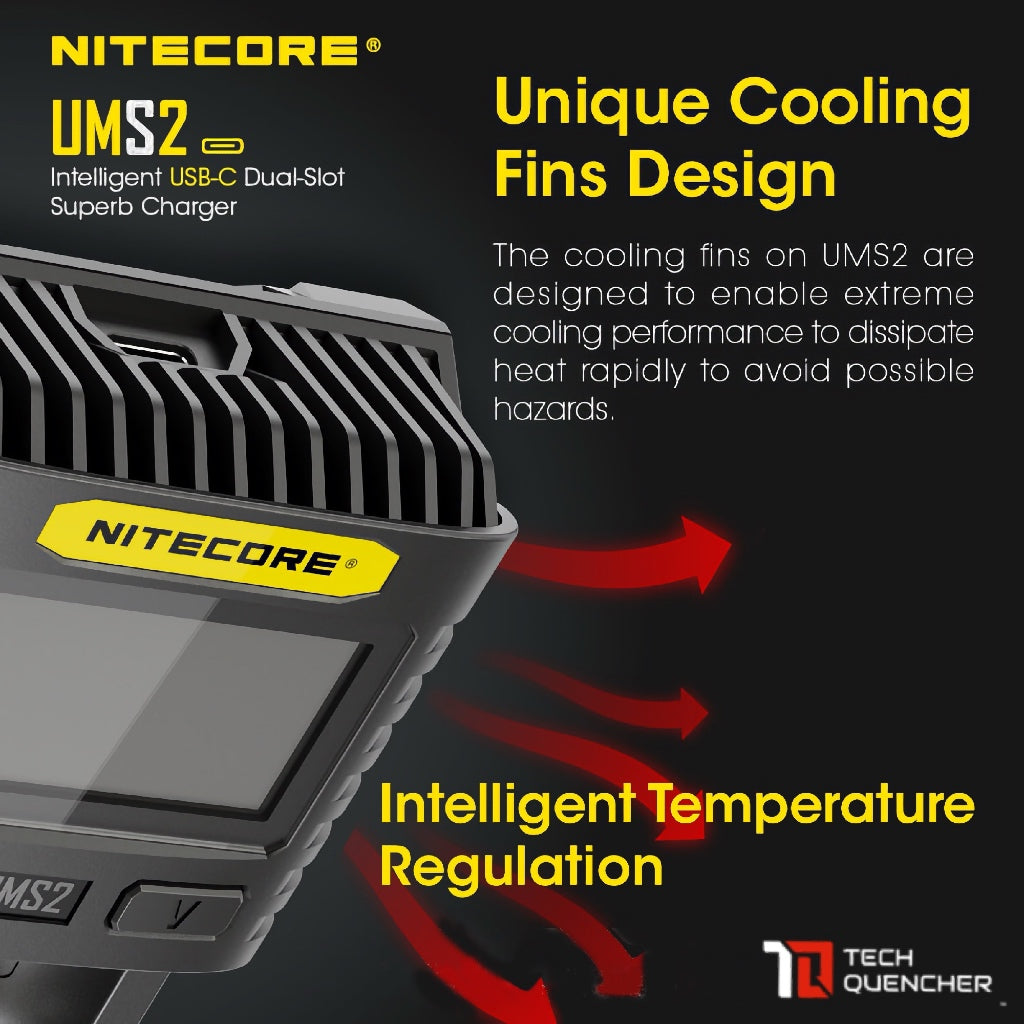 Nitecore UMS2 V2 USB-C Battery Charger - LCD Display - 2 Slot - Intelligent - 4000mA Max - QC
