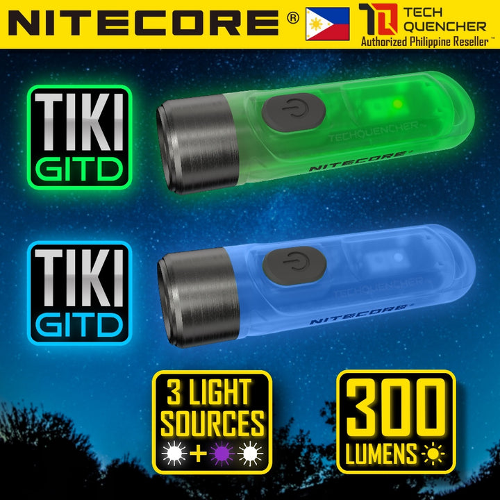 Nitecore TIKI GITD Flashlight - Green - Blue - 300 Lumens - USB-C Rechargeable - UV Light - Keychain