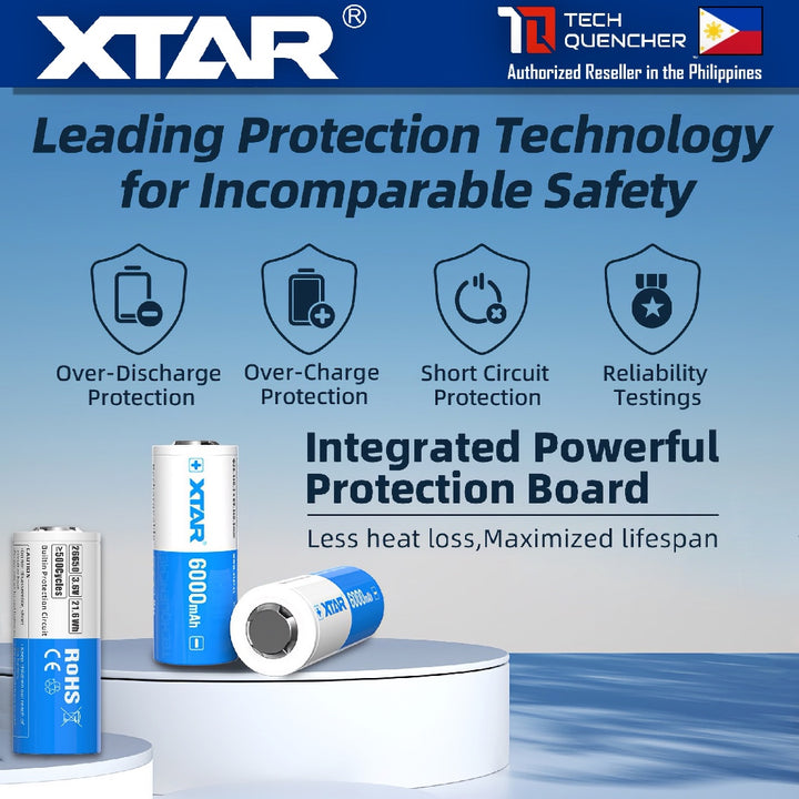 XTAR 26650 6000mAh Protected Battery - 3.6V Rechargeable - Lithium-Ion -10A - Button Top or Flat Top