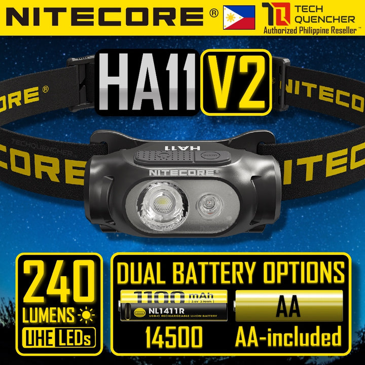 Nitecore HA11 V2 Headlamp 240 Lumens - 1x AA Battery - Floodlight & Redlight - IP66 - Lightweight