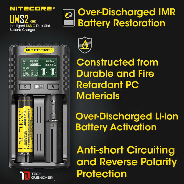Nitecore UMS2 V2 USB-C Battery Charger - LCD Display - 2 Slot - Intelligent - 4000mA Max - QC