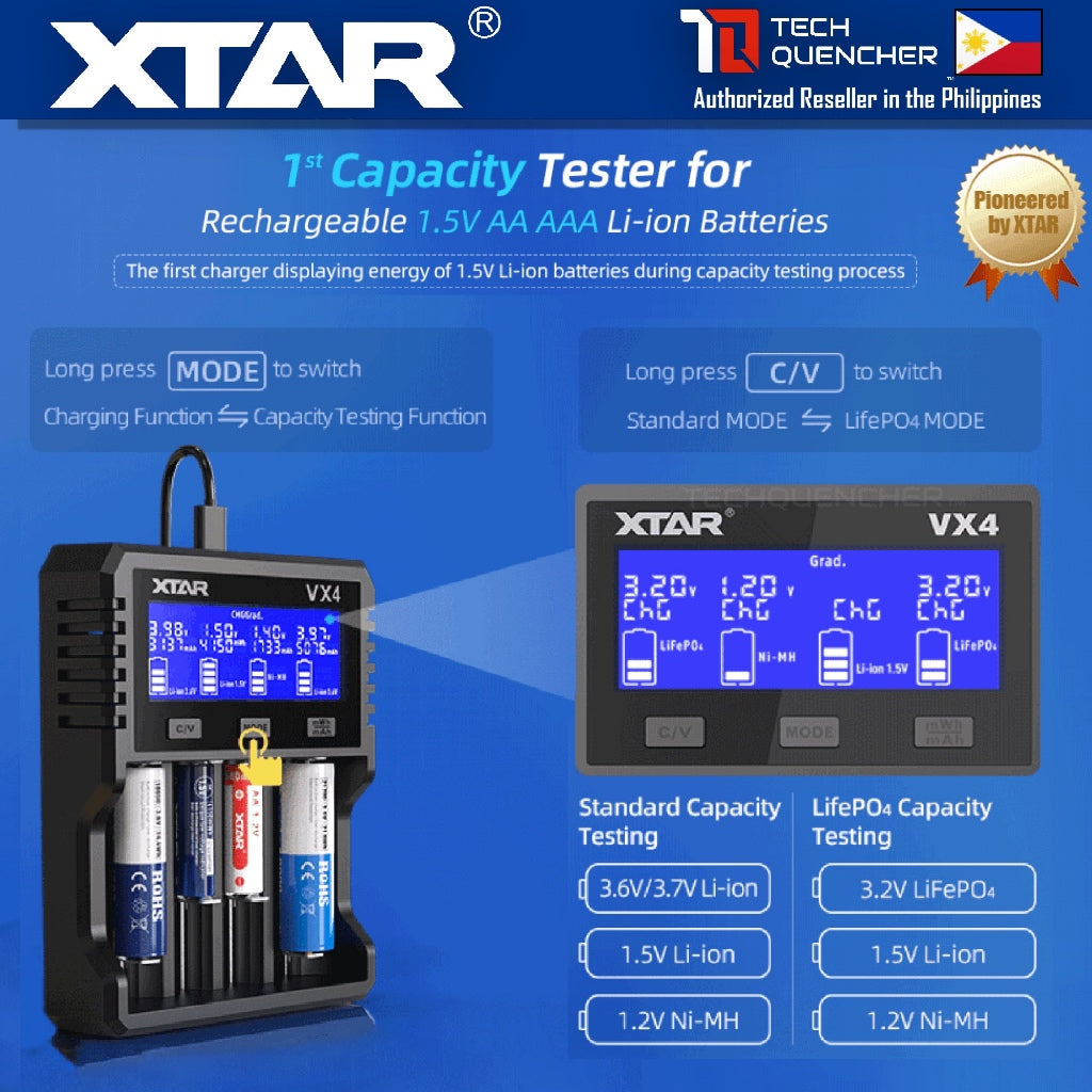 XTAR VX4 Battery Charger - Capacity Test - USB-C - 26650 21700 18650 AA AAA - LiFePO4 -Li-ion -Ni-MH
