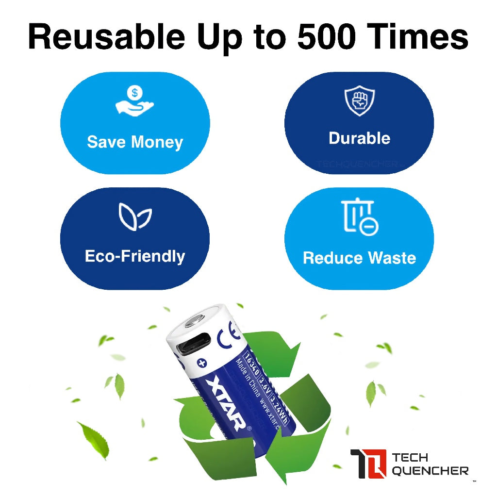 XTAR 16340 900mAh Protected Battery - USB-C Rechargeable 3.6v Lithium Battery -2.7A Max Discharge