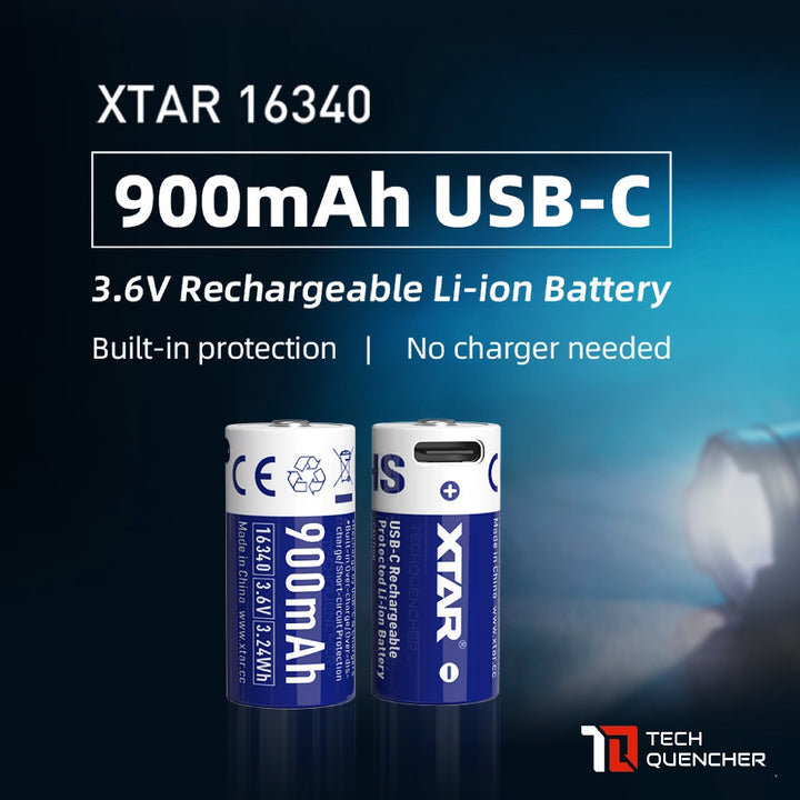 XTAR 16340 900mAh Protected Battery - USB-C Rechargeable 3.6v Lithium Battery -2.7A Max Discharge
