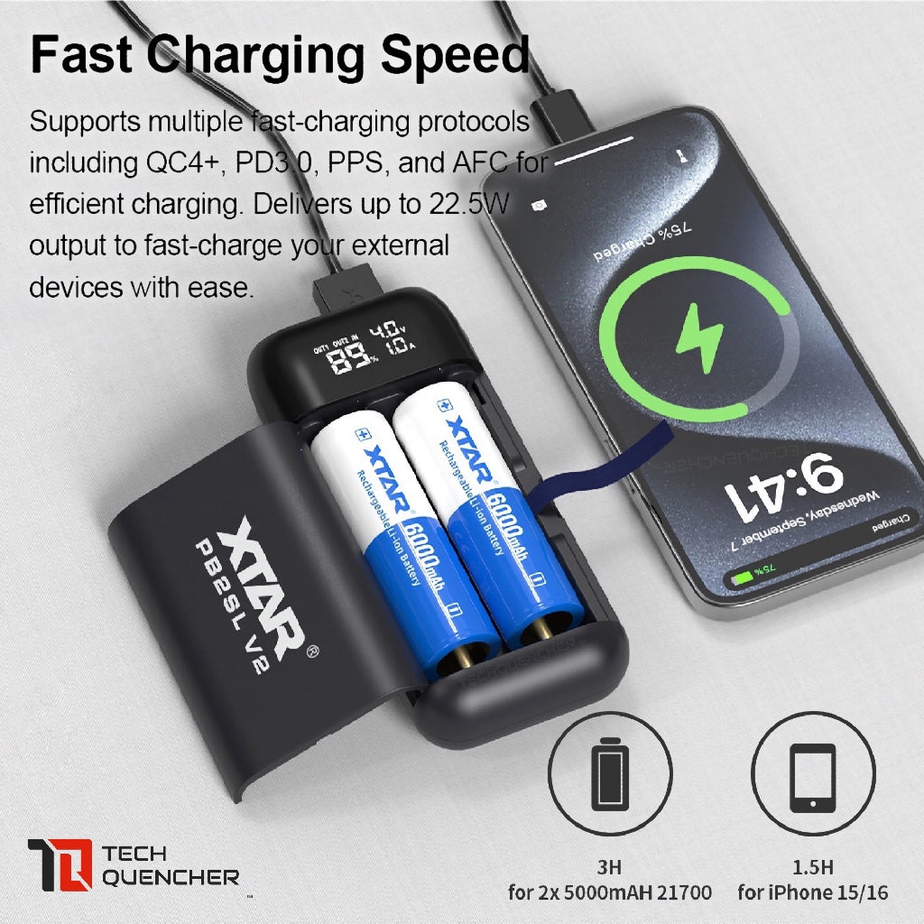 XTAR PB2SL V2 - Portable Charger with Powerbank Mode - Up to 22.5W -Supports 21700 18650 20700 18700