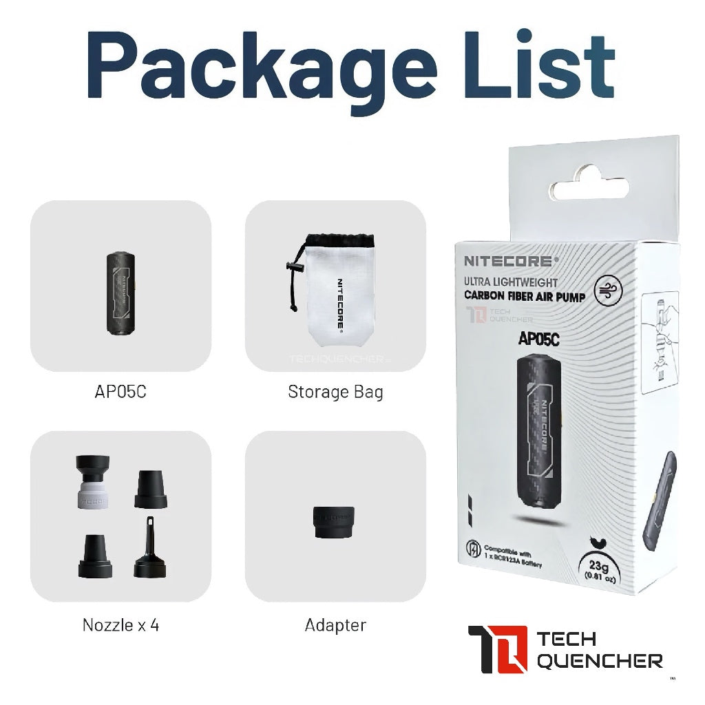 Nitecore AP05C Air Pump - Ultra Lightweight Carbon Fiber + NL169R Battery Included - 23g - 2.7kPa