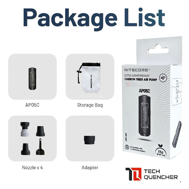 Nitecore AP05C Air Pump - Ultra Lightweight Carbon Fiber + NL169R Battery Included - 23g - 2.7kPa
