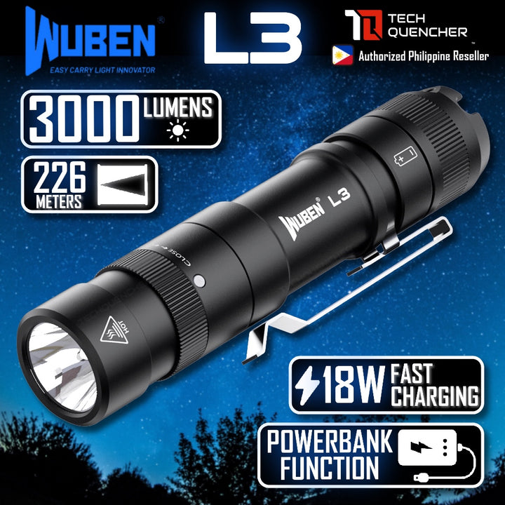 Wuben L3 Flashlight - 3000 Lumens - Powerbank Mode - USB-C Fast Charging 18W - 4800mAh Battery -IP68