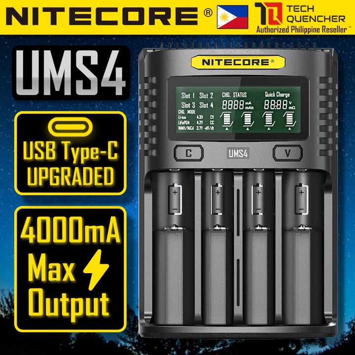 Nitecore UMS4 V2 USB-C Battery Charger - LCD Display - 4 Slot - Intelligent - 4A Max Output - QC